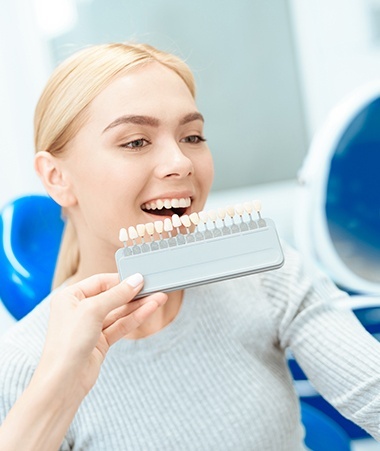 Woman's smile compared with porcelain veneer color chart