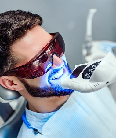 a person having their teeth whitened in a dental office